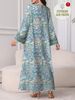 plus Size Middle Eastern Gown Western Fashion V-Neck Printed Women's Dress For Commute Loose Vacation Style Long Sleeve Dress_ecoleips.com