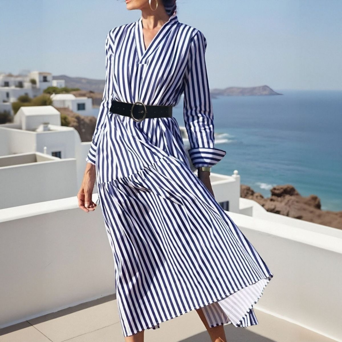 Women's Clothing Long Sleeve V Neck Medium Length Striped Dress_ecoleips.com