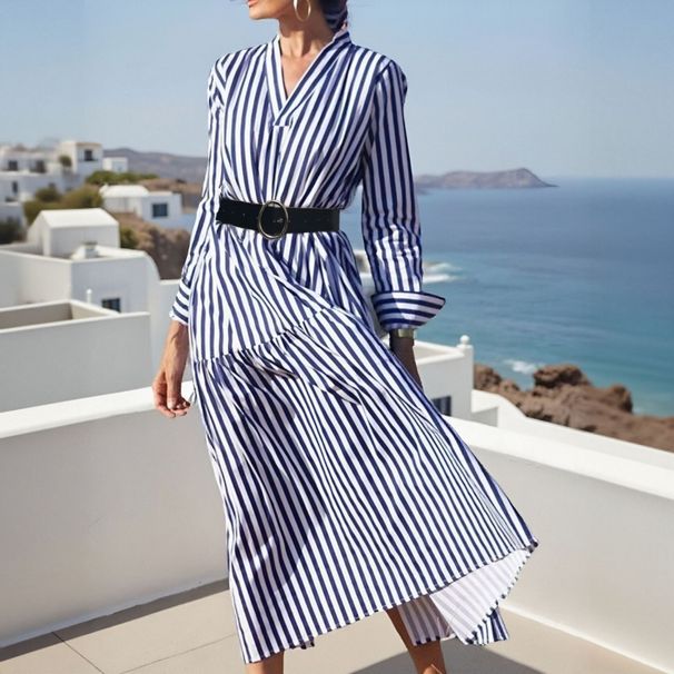 Women's Clothing Long Sleeve V Neck Medium Length Striped Dress_ecoleips.com