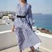Women's Clothing Long Sleeve V Neck Medium Length Striped Dress_ecoleips.com