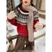 girl Fair Isle Christmas Night Retro Red Winter Diamond Block Heavy Craft Sweater Top One Size Coffee Color_ecoleips.com