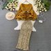Women's fashion set female socialite temperament lantern long sleeve V-neck lotus leaf bright face shirt women's high waist sequin skirt_ecoleips.com
