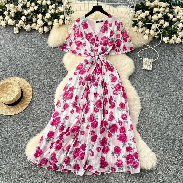 Women's Clothing Summer New Style High Grade Strap Waist V Neck Flared Sleeve Slim Temperament Printed Chiffon Dress_ecoleips.com