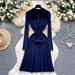 Elegant High-Waisted Knit Dress With Floral Lace Detail - Vintage-Inspired Long Sleeve Wrap Dress For Women_ecoleips.com