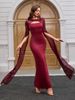 Elegant Burgundy Lace Formal Dress – Long Sleeve Ball Gown With Gold Embellishments & Puff Sleeves (Sizes S-XL, Mid-Length Train, Square Neckline)_ecoleips.com
