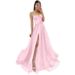 Elegant Slit Long Evening Dress With Spaghetti Straps For Banquet, Party & Hosting – A-Line Silhouette, Polyester Chiffon, Plus Size Available_ecoleips.com