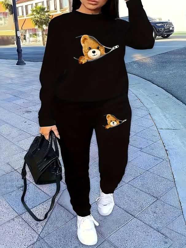 Women's Autumn And Winter Hip-hop Casual Street Fashion Cartoon Bear Pattern Printed Round Neck Sports Shirt+sports Pants Warm Set-665_ecoleips.com
