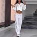 Women's Clothing Women's Casual Commuter Shirt And Pants Set Long Sleeved Button Down White For Formal & Casual_ecoleips.com