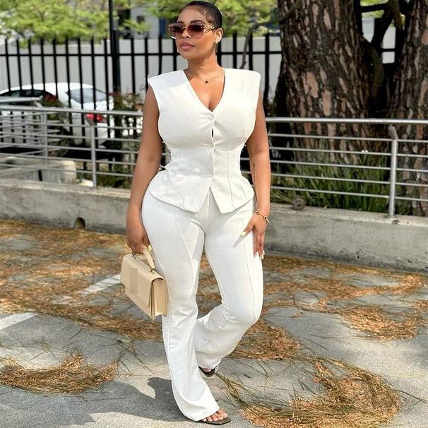 Women's Autumn Vest & Straight Pants Set – Slimming V-Neck Button Waistcoat With Solid Color Trousers (White/Yellow-Green, S-Xxl)_ecoleips.com