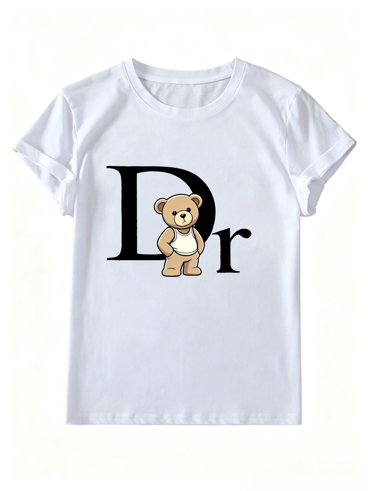 Women Cute Hands In Pockets Tank Top Teddy Bear Dr Letter Graphic T Shirt Round Neck Loose Casual Summer Tops_ecoleips.com