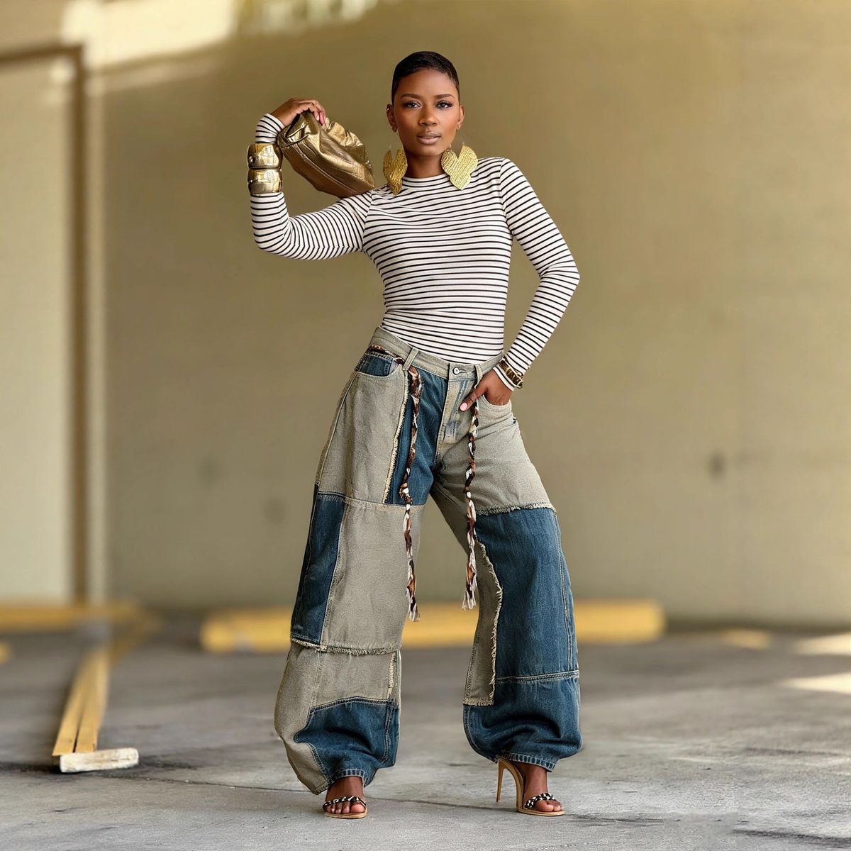 Women's Curved Edge Frayed Hem Jeans Two Tone Color Block Casual Cotton Denim Jeans With Belt Spring/Autumn Summer Collection_ecoleips.com