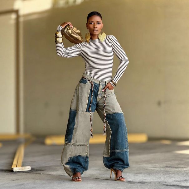 Women's Curved Edge Frayed Hem Jeans Two Tone Color Block Casual Cotton Denim Jeans With Belt Spring/Autumn Summer Collection_ecoleips.com