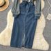 Women's Clothing Niche Long Sleeved Striped Stitching Lapel Metal Button Waist Slim Fit Slit Denim Dress For Women_ecoleips.com