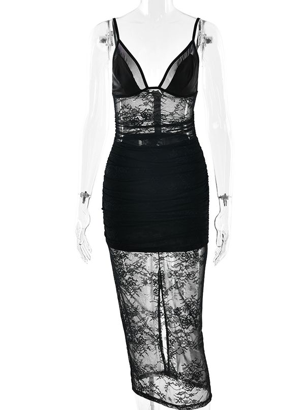 JULISSA MO Patchwork Sexy Sheer Lace Women Maxi Dress Black Spaghetti Strap V-neck Dress Spring Slim Elegant Party Evening Dress_ecoleips.com