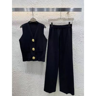 Women's Clothing Contrast Color Large Gold Button Knitted Cardigan Women's Summer Loose Wide Leg Pants Fashionable Two Piece Suit Trendy_ecoleips.com
