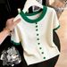 Spring/Summer Women's French Style Knit Sweater Diamond Pattern Hollowed Out Design Ruffled Trim Slim Fit Short Sleeve Top_ecoleips.com