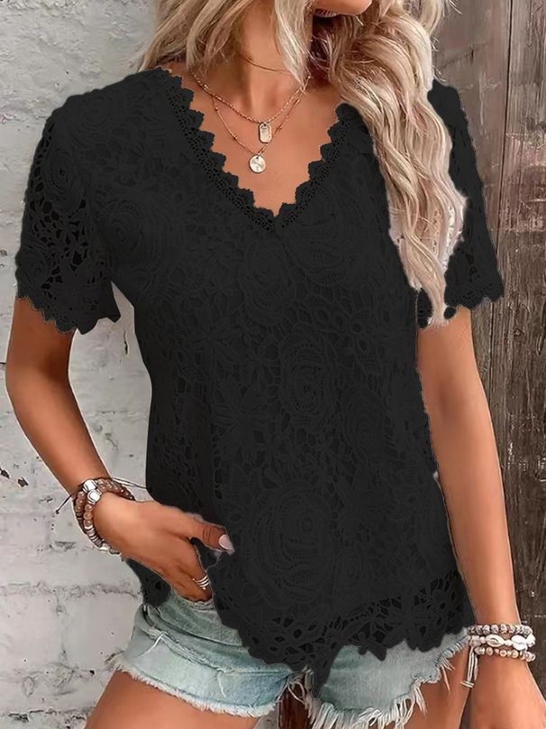 Women's Fashion Tops T-Shirts Lace Short Sleeves Women_ecoleips.com