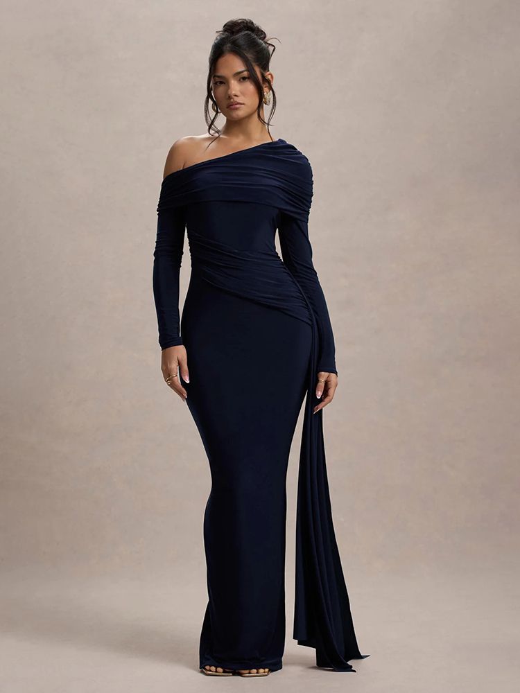 Mozision Skew Collar Long Sleeve Sexy Maxi Dress For Women Gown Fashion Backless Draped Ruched Bodycon Club Long Dress Elegant_ecoleips.com