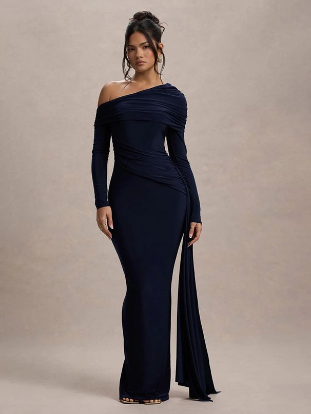 Mozision Skew Collar Long Sleeve Sexy Maxi Dress For Women Gown Fashion Backless Draped Ruched Bodycon Club Long Dress Elegant_ecoleips.com