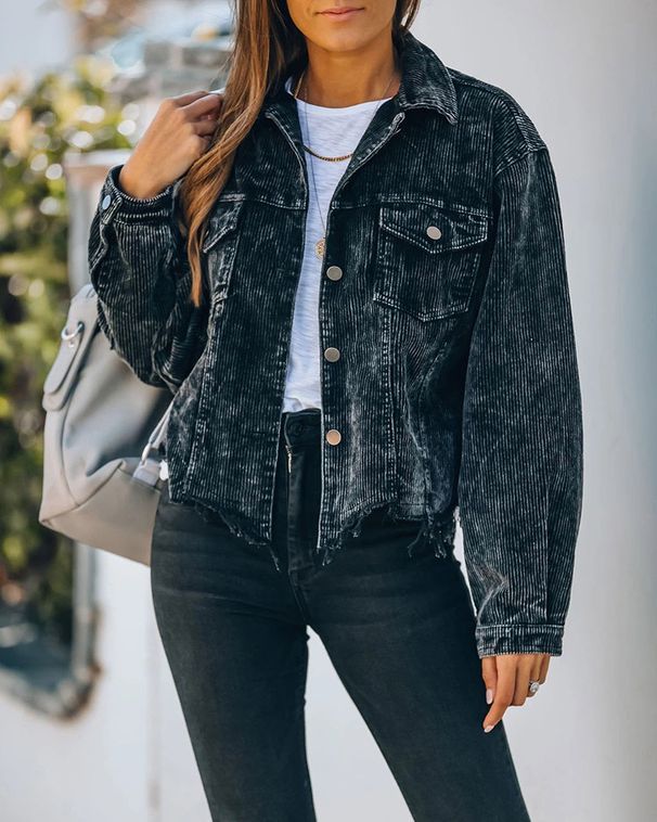 European And American Cross-border Women's Clothing Retro Button Pocket Lapel Jacket Washed Water Old Corduroy Jacket_ecoleips.com