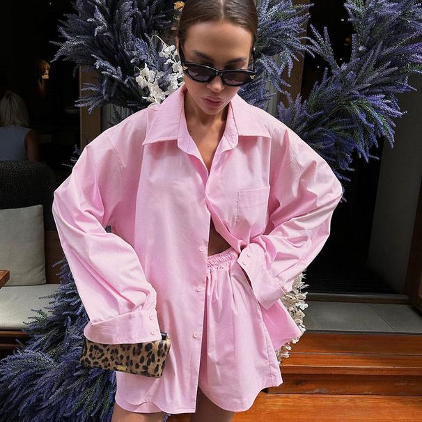 Women's French Style Solid Color Lapel Long Sleeved Hot Pants Casual Loose Two Piece Set Summer Fashion_ecoleips.com