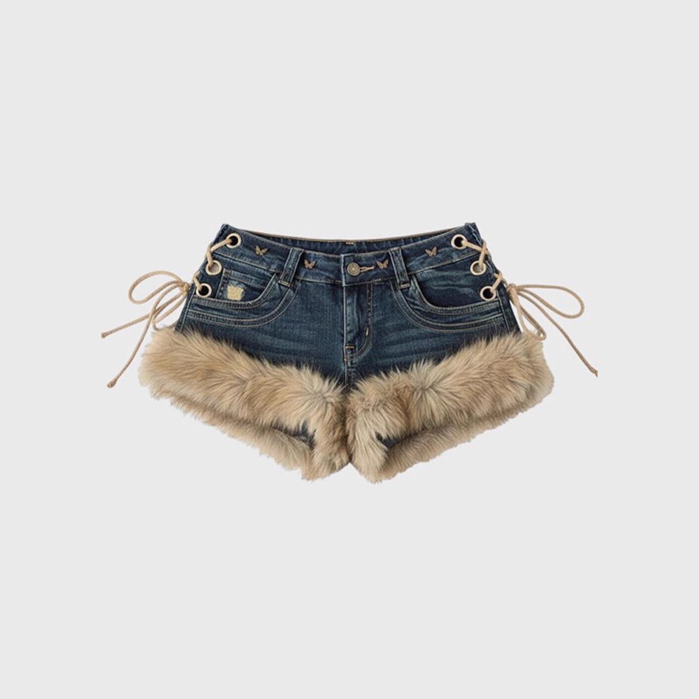 Women's Faux Fur Trim Denim Shorts, Y2K Lace-Up Side Low Waist Distressed Jean Shorts, Casual Club Party Streetwear Hot Pants For Daily Outdoor Wear_ecoleips.com