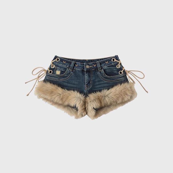 Women's Faux Fur Trim Denim Shorts, Y2K Lace-Up Side Low Waist Distressed Jean Shorts, Casual Club Party Streetwear Hot Pants For Daily Outdoor Wear_ecoleips.com