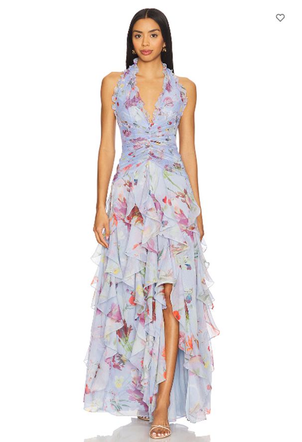 Elegant Floral Print Chiffon Tiered Halter Dress For Women, V-Neck Cake Layered Evening Gown Breathable Chiffon Fabric_ecoleips.com