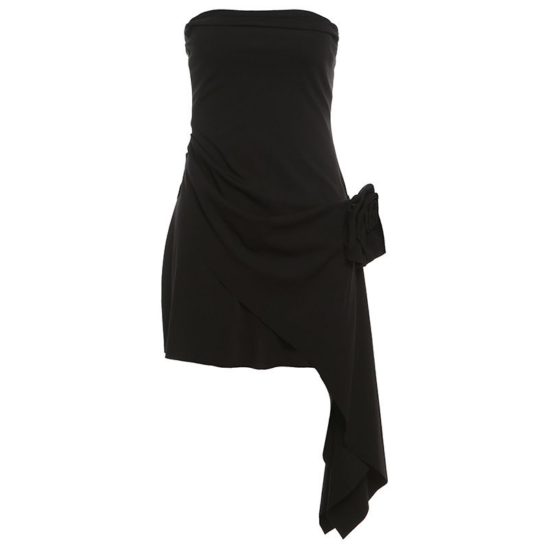 Women's Clothing Temperament Flower Decoration Solid Color Backless Tube Top Dress_ecoleips.com
