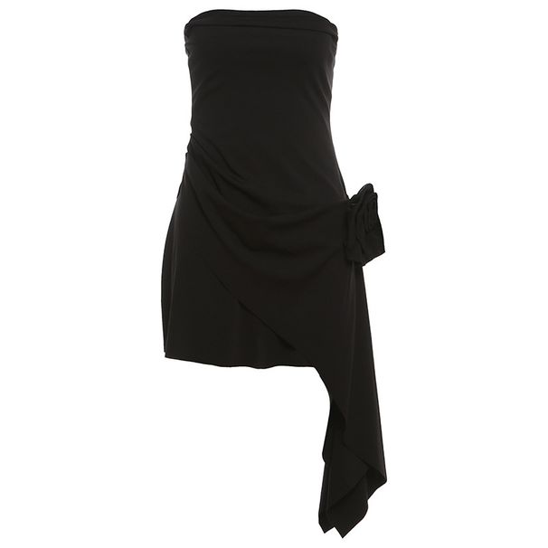 Women's Clothing Temperament Flower Decoration Solid Color Backless Tube Top Dress_ecoleips.com