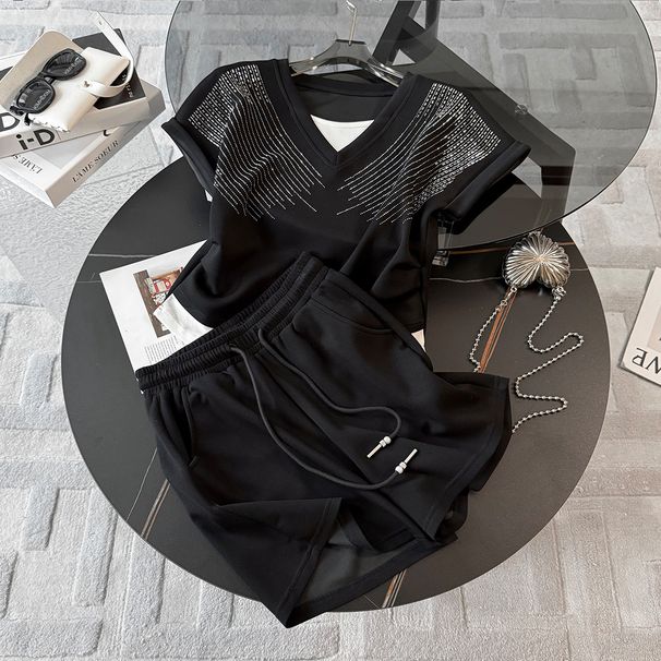 Women's Clothing Two Piece Top Temperament Suit V Neck T Shirt Female Summer Stylish Waist Slimming Two Piece Suit_ecoleips.com