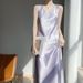 Acetate Satin Vest Waist-Cinching Gold Silk French Solid Color V-Neck Wide Strap Long Dress_ecoleips.com