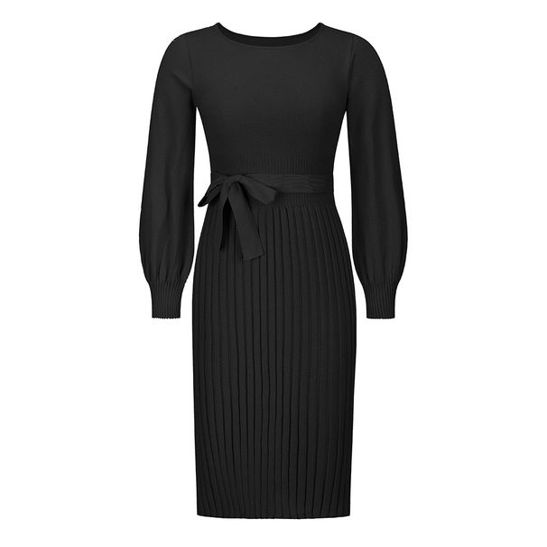 Women's Fashion Knitted Dress Slim-fit Pleated Mid-length Sweater Skirt_ecoleips.com