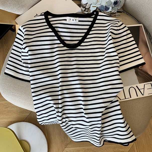 Women's Clothing Summer Style Women's T-Shirt V Neck Striped Short Sleeve Ice Silk Knit Fashionable Top For Ladies_ecoleips.com