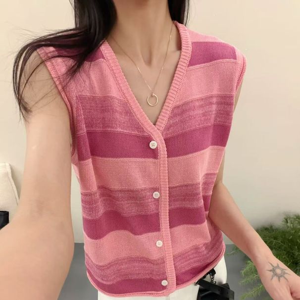 Summer Striped Knitted Sleeveless Women, Thin And Stylish, Fashionable Cardigan Vest For Layering, Short V-neck Top_ecoleips.com
