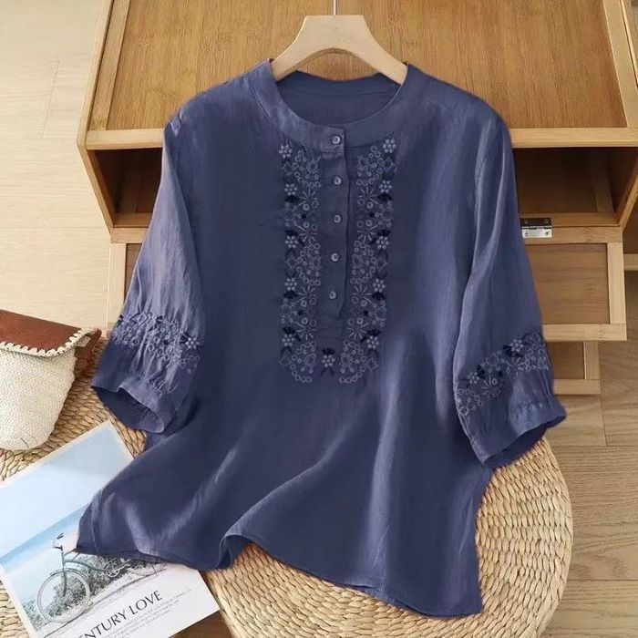 This Year's Retro Summer Top Features Short Sleeves, Made Of Cotton And Linen Fabric With Traditional Embroidery Pattern_ecoleips.com