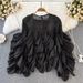 Spring And Summer New Retro Temperament Round Neck Ruffle Loose Long Sleeved Female Foreign Style Irregular Shirt_ecoleips.com