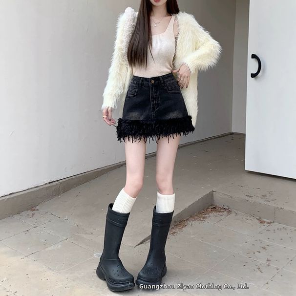 Summer High Waisted Slim Fit Denim Mini Skirt for Women Elegant Style with Fringed Edges Thin Midi Skirt_ecoleips.com