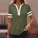 Women's Casual V-Neck Zip-Up T-Shirt - Stylish Color Block Short Sleeve Top For Spring & Summer_ecoleips.com