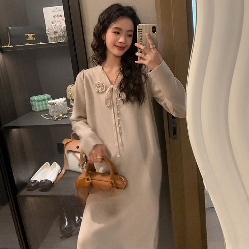Autumn New Korean Fashion Design Sense Tie Mid-Length Knitted Maternity Dress_ecoleips.com
