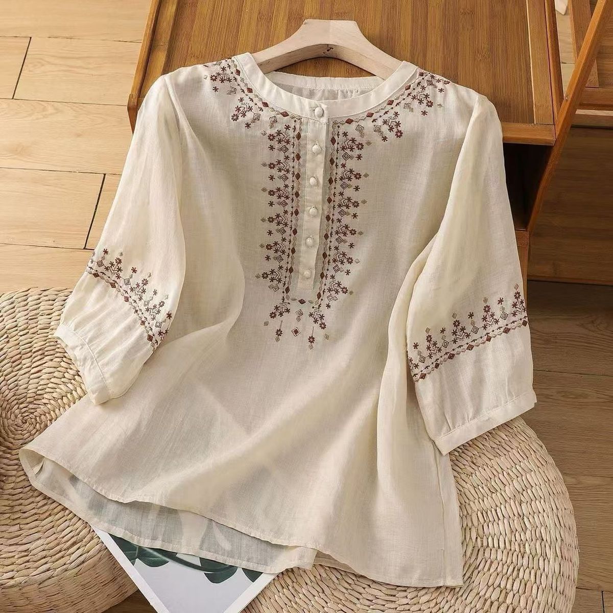 Retro Cotton And Linen Shirt For Women Half Sleeve Spring And Summer Cotton And Linen Shirt Loose-Fitting Belly-Covering_ecoleips.com