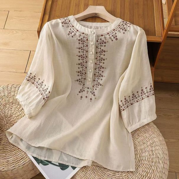 Retro Cotton And Linen Shirt For Women Half Sleeve Spring And Summer Cotton And Linen Shirt Loose-Fitting Belly-Covering_ecoleips.com