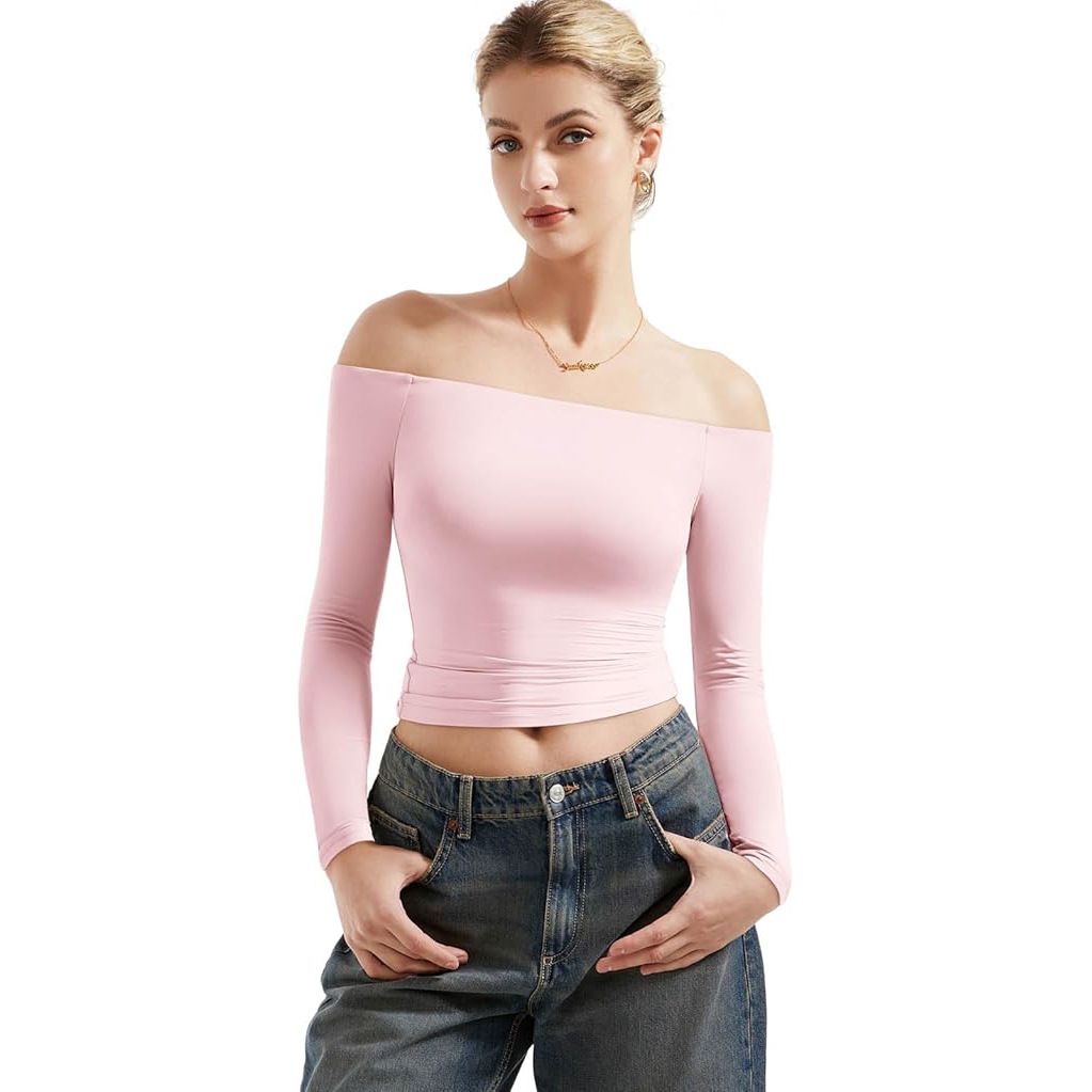 Women's Sexy Off Shoulder Long Sleeve Shirt Slim Fit Crop Top T-Shirt For Fall Fashion_ecoleips.com