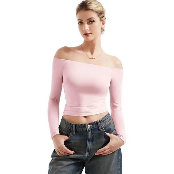 Women's Sexy Off Shoulder Long Sleeve Shirt Slim Fit Crop Top T-Shirt For Fall Fashion_ecoleips.com