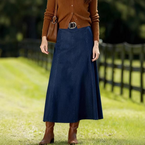 Women's Mid-Length A-Line Skirt Denim Bottoms Clothing High Waist Straight Fit Classic Blue Skirts for Women_ecoleips.com