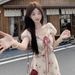2025 French-style Floral Lace-up Dress, New Summer Short-sleeve Waist-cinching Long Dress For Seaside Vacations_ecoleips.com
