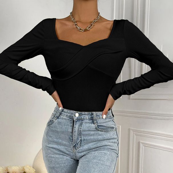 Voya Women's New Stock Slim Fit Waist Cinched Chicken Heart Collar Knitted Long Sleeved T-shirt Commuting Top_ecoleips.com