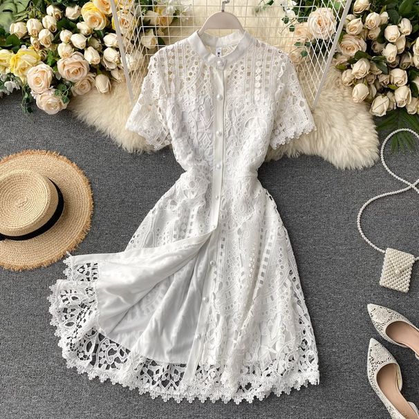 Women's Clothing Celebrity Style Celebrity Temperament Dress Skirt Scheming Hollow Lace Short Sleeved Dress Female Summer Dress_ecoleips.com