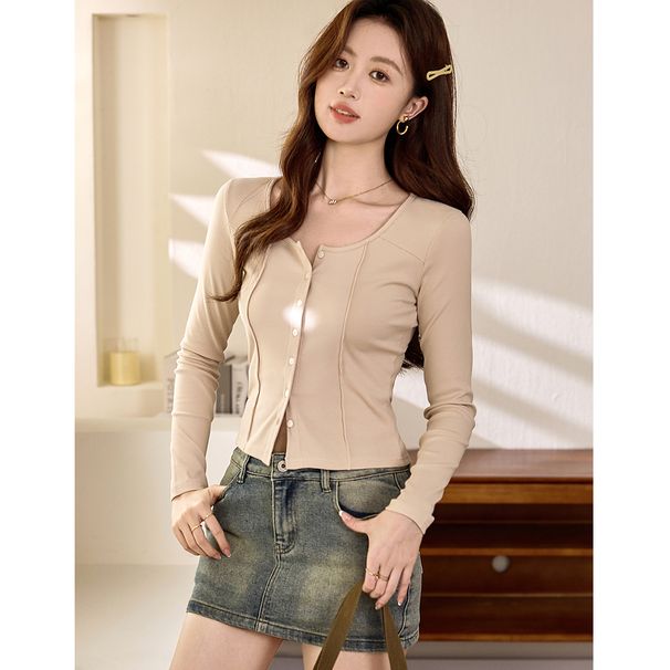 2025 #High Quality Products # Shell Button High Waist Short T-Shirt For Spicy Women With Exposed Navel And Sexy Long Sleeved_ecoleips.com