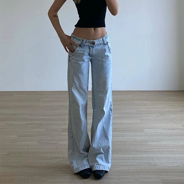 Women's Clothing Retro High Street Jeans Washed Light Blue Design Straight Mopping Pants Loose Trousers_ecoleips.com